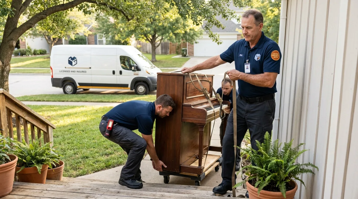 Licensed piano movers securing grand piano in Stearns, KY